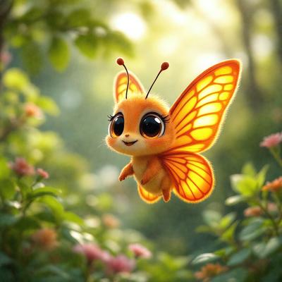 The primary subject of the image is a small, cute, and colorful butterfly. The butterfly is flying in the air, surrounded by a lush green forest. The visual style of the image is a combination of photo and digital art, creating a vibrant and whimsical scene. The colors and mood of the image are predominantly bright and cheerful, with the butterfly being the main focus and source of visual interest.